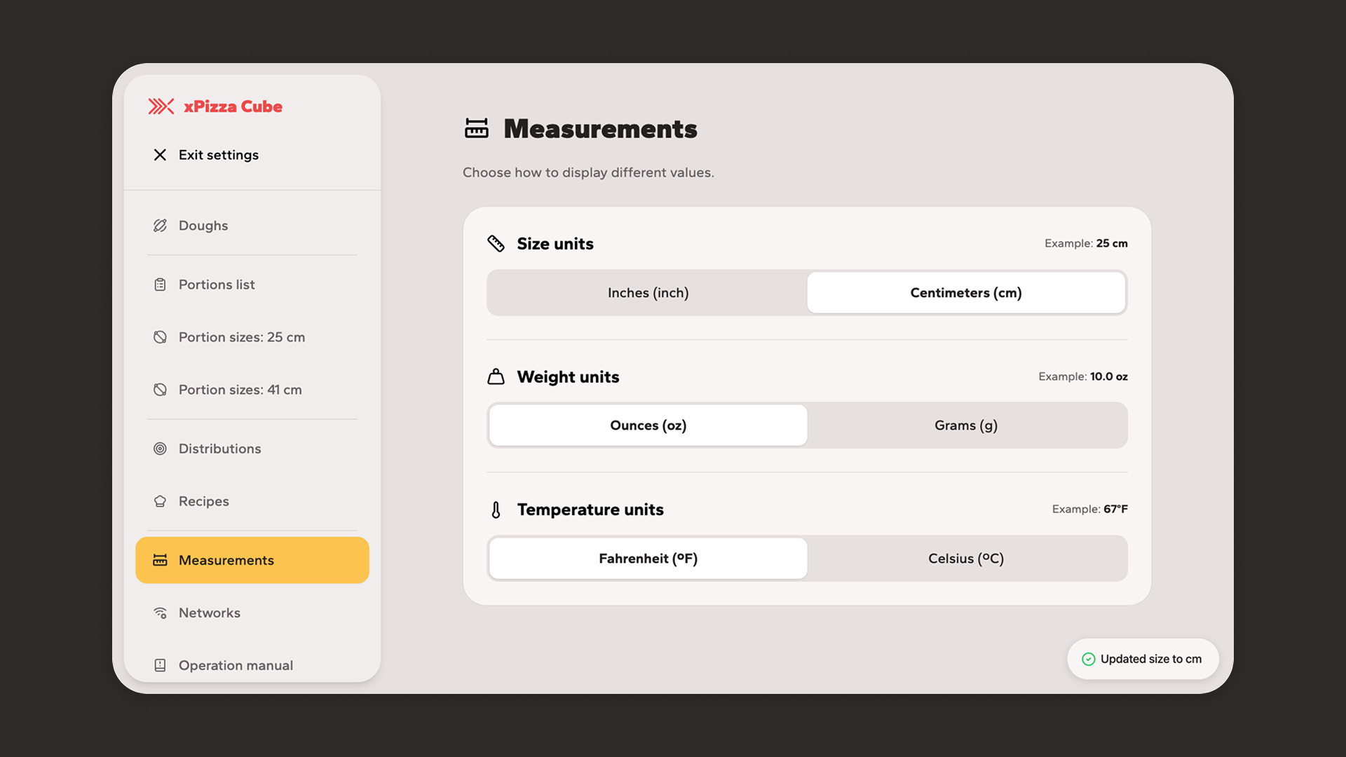 Measurement unit switching propagates to the rest of the app (inch/cm, oz/kg, °F/°C)
